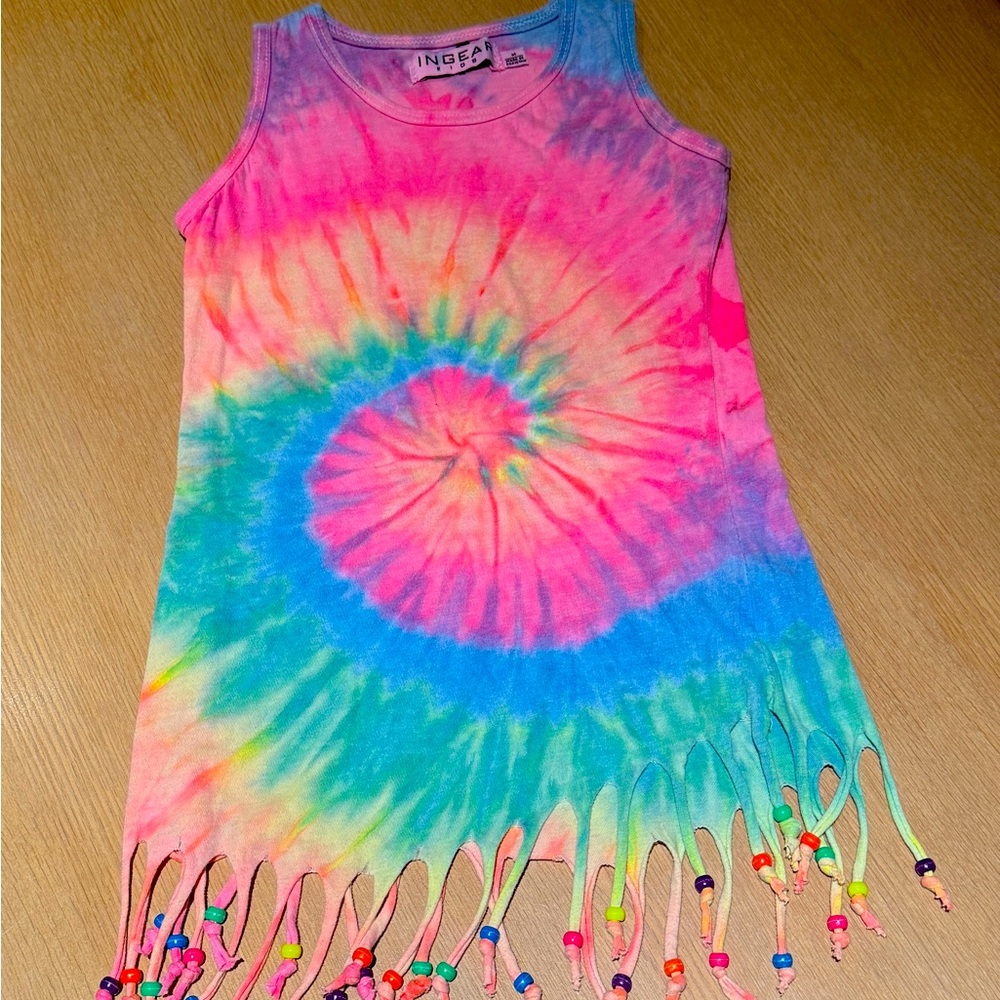ADORABLE GIRLS TIE DYE DRESS WITH BEAD DETAIL
